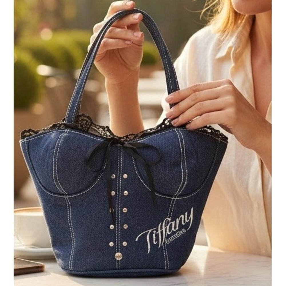 Tiffany Designs Blue Denim Corset Handbag Lace Trim Y2K Tote Bag